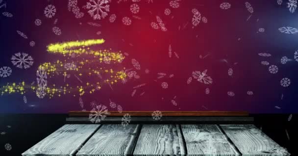 Анимация Снега Падающего Светящиеся Пятна Образующие Рождественскую Елку Красном Фоне — стоковое видео