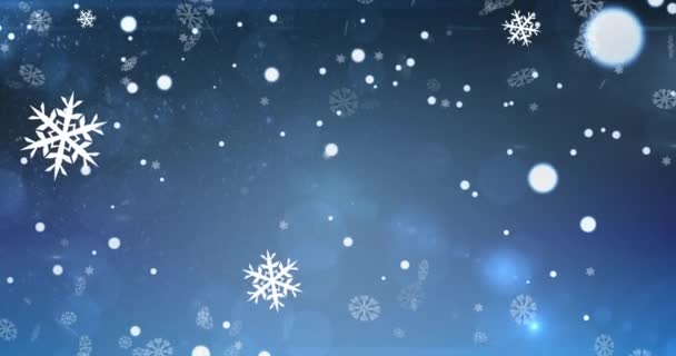 Animación Nieve Cayendo Sobre Puntos Claros Navidad Sobre Fondo Azul — Vídeos de Stock