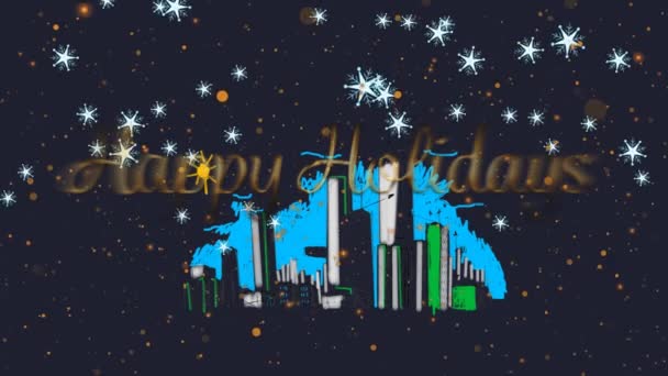 节日快乐的文字和闪亮的星辰落在蓝色背景的城市景观横幅上 圣诞节的庆祝和庆祝概念 — 图库视频影像