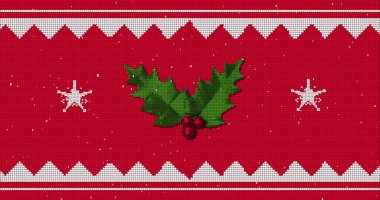 Geleneksel beyaz Noel desenli Holly dalı ve kırmızı zemine yağan karla kusursuz bir döngü içinde hareket eden yıldızlar..