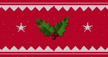 Geleneksel beyaz Noel desenli Holly dalı ve kırmızı zemine yağan karla kusursuz bir döngü içinde hareket eden yıldızlar..