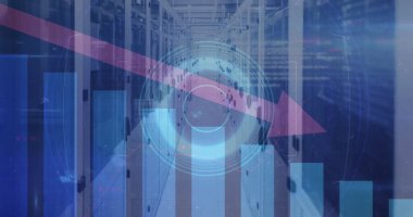 Bilgisayar sunucuları üzerinde istatistik ve veri işleme olan kırmızı okun resmi. küresel iş ve finans kavramı dijital olarak oluşturulmuş görüntü.