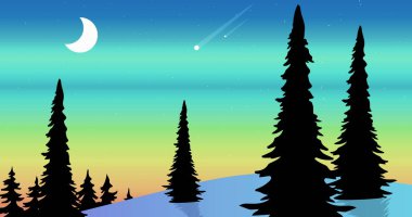 Arka planda ay ve köknar ağaçları olan ren geyikleri tarafından çekilen kızak içindeki siyah bir Noel Baba silueti..