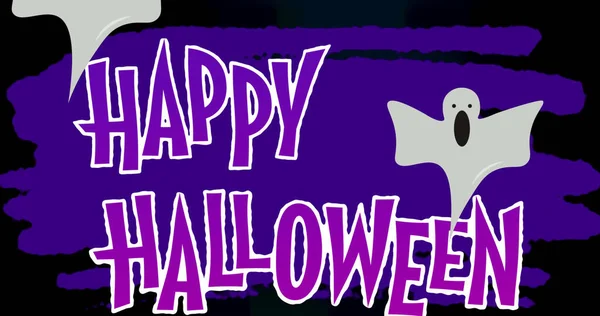 Imagen Fantasmas Volando Sobre Saludos Halloween Sobre Fondo Púrpura Negro — Foto de Stock