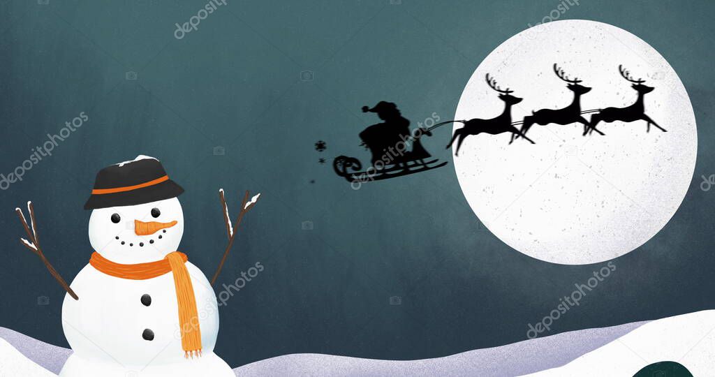 Image of a black silhouette of Santa Claus in sleigh being pulled by reindeers with full moon and snowman in the background.