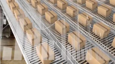 Arkadaki taşıma bantlarındaki karton kutuların üzerinden geçen istatistiklerin canlandırması. küresel gönderim ve bağlantılar konsepti dijital olarak oluşturulmuş video.