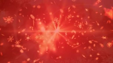 Kırmızı arkaplanda ışık noktasında yüzen birden fazla kar tanesi simgesi. Noel şenliği ve kutlama konsepti