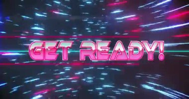 Hareketli mavi ve pembe ışık yollarının üzerindeki hazır metin animasyonu. Video oyunu, eğlence ve dijital arayüz kavramı dijital olarak oluşturuldu.