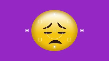 Mor zemin üzerinde üzgün emoji animasyonu. Sosyal medya ve iletişim konsepti dijital olarak oluşturulmuş video.