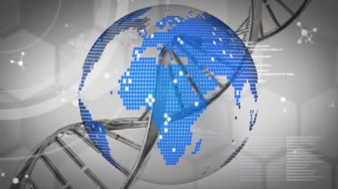 DNA iplikçiklerinin ve moleküllerin dünya üzerinde dönüşünün animasyonu. Bilim ve veri işleme kavramı dijital olarak oluşturulmuş video.