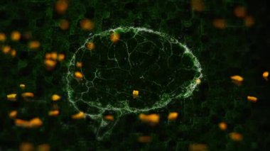 Siyah arka planda hareket eden kayaların üzerinde insan beyni animasyonu. küresel bilim, veri işleme, bağlantılar ve dijital arayüz konsepti dijital olarak oluşturulmuş video.