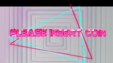 Lütfen bozuk para metnini beyaz geometrik arkaplan üzerine yerleştirin. Video oyunu, eğlence ve dijital arayüz kavramı dijital olarak oluşturuldu.