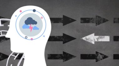 Kara oklar üzerinde bulut ve ampul olan insan kafalarının animasyonu. Sosyal medya ve iletişim arayüzü kavramı dijital olarak oluşturulmuş video.