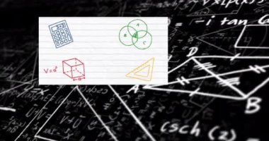 Matematiksel denklemlerin siyah arkaplan üzerinde okul ögelerinin canlandırılması. okul, eğitim ve öğrenim konsepti dijital olarak oluşturulmuş video.