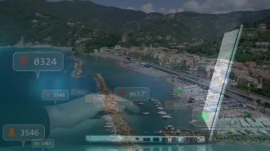 Laptop ve şehir manzarası üzerindeki simgelerle bağlantı ağının animasyonu. küresel bağlantılar, dijital arayüz ve dijital olarak oluşturulmuş video işleme konsepti.