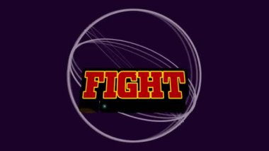 Karanlık arka planda hareket halindeki dövüş metinlerinin animasyonu. Video oyunu, eğlence ve dijital arayüz kavramı dijital olarak oluşturuldu.