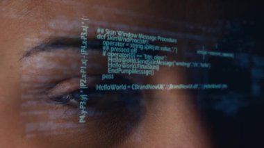 Karışık ırktan kadınların gözünde veri işleme animasyonu. küresel veri işleme, hesaplama ve dijital arayüz kavramı dijital olarak oluşturulmuş video.