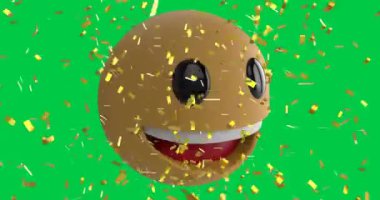 Yeşil arka plana konfetilerin düşmesi üzerine mutlu emoji ikonu animasyonu. küresel sosyal medya ve iletişim konsepti dijital olarak oluşturulmuş video.