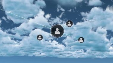 Gökyüzündeki simgelerle bağlantılı ağların animasyonu. küresel bağlantılar, veri işleme ve dijital arayüz konsepti dijital olarak oluşturulmuş video.