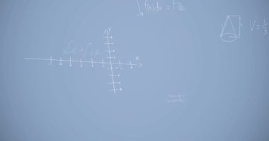 Mavi arkaplan üzerinde matematiksel denklemlerin animasyonu. küresel eğitim, bağlantılar, veri işleme ve teknoloji konsepti dijital olarak oluşturulmuş video.