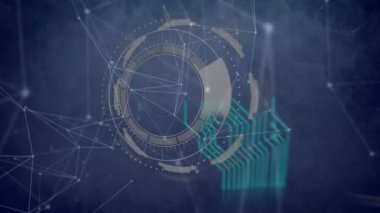 Bilgisayar devre kartından istatistik ve veri işleme animasyonu. küresel bağlantılar, dijital arayüz ve dijital olarak oluşturulmuş video işleme konsepti.