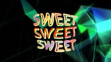 Siyah üzerine yüzen mavi geometrik şekiller üzerine renkli yazıtlarda tatlı bükülme animasyonu. dijital arayüz ve sosyal medya mesajlaşma kavramı dijital olarak oluşturulmuş video.