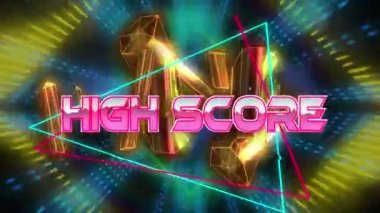 Dijital uzayda kristallerle yüksek skorun animasyonu. bilgisayar, oyunlar ve teknoloji konsepti dijital olarak oluşturuldu.