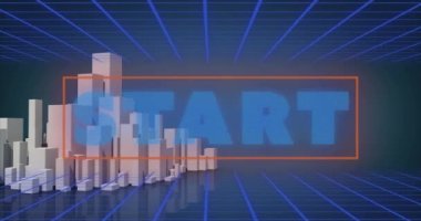 Şehir manzarası üzerinde mavi harflerle başlangıç metninin canlandırması. Video oyunu, dijital arayüz ve dijital olarak oluşturulmuş iletişim konsepti.