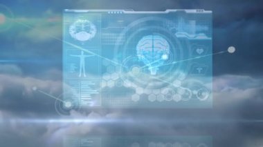 Bağlantı ağlarının animasyonu ve gökyüzünde işlenen tıbbi veri. küresel tıp, bağlantılar, veri işleme ve dijital arayüz kavramı dijital olarak oluşturulmuş video.