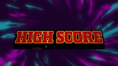 Koyu arkaplanda hareket eden renkli ışıkların yüksek skorun animasyonu. Video oyunu, eğlence ve dijital arayüz kavramı dijital olarak oluşturuldu.