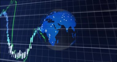 Mavi arkaplanda dönen dünya simgesine karşı şebeke üzerinden finansal veri işleme. küresel ekonomi ve iş kavramı