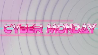 Beyaz zemin üzerinde ışık yolları üzerinden siber pazartesi metninin animasyonu. Video oyunu, eğlence ve dijital arayüz kavramı dijital olarak oluşturuldu.