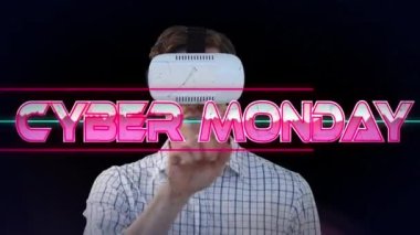 Pazartesi siber metninin metalik pembe harflerle VR kulaklık takan adamın animasyonu. çevrimiçi alışveriş, perakende ve tasarruf konsepti dijital olarak oluşturulmuş video.