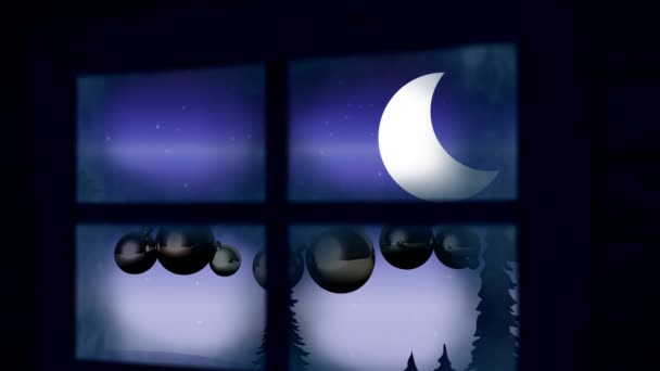 在透过窗户看到的圣诞冬季风景中 雪橇上的圣爪和驯鹿的动画 圣诞节 传统和庆祝概念数字制作的视频 — 图库视频影像