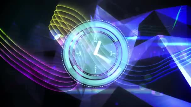 Animacja Zegara Nad Światłami Dyskotekowymi Kolorowymi Liniami Koncepcja Imprezy Sylwestrowej — Wideo stockowe