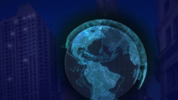 全球动画和城市景观上的连接网络 全球网络 数据处理和数字视频接口概念 — 图库视频影像