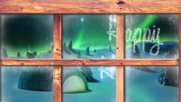 Animace Sněhu Padající Vánoční Pozdravy Iglú Aurora Borealis Vidět Oknem — Stock video