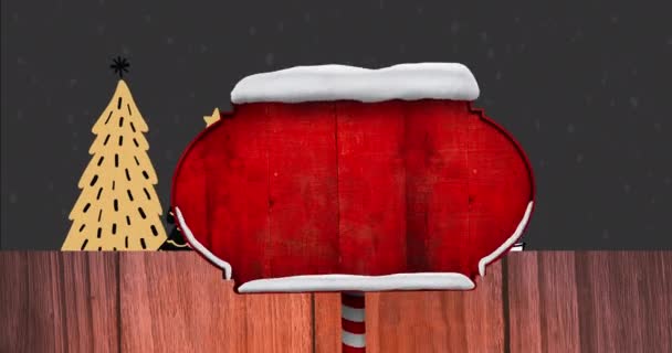 木々やプレゼント 黒い背景に降る雪の上にコピースペースを持つ道路標識のアニメーション クリスマス お祝いのコンセプトをデジタルで — ストック動画