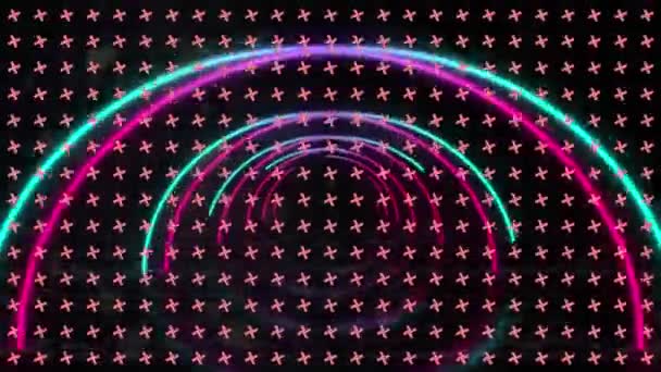 Animation Neon Arches Moving Crosses Rotating Black Background Colour Movement — Stock Video