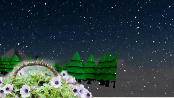 モミの木と花や冬の風景に落ちる雪のアニメーション クリスマス 伝統とお祝いのコンセプトデジタルで生成されたビデオ — ストック動画