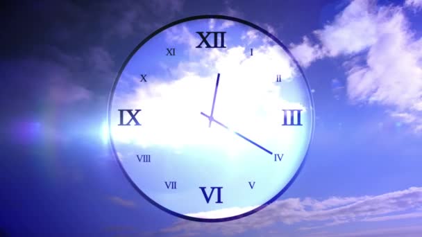 Animation Fin Texte Sur Horloge Déplaçant Rapidement Sur Fond Ciel — Video