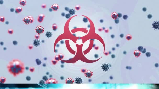 Animace Nápisu Biohazard Vícečetných Virových Buněk Vznášejících Světle Modrém Pozadí — Stock video