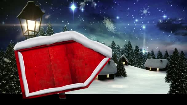 Animace Červené Dřevěné Tabule Padajícím Sněhem Zimní Scenérie Vánoční Tradiční — Stock video
