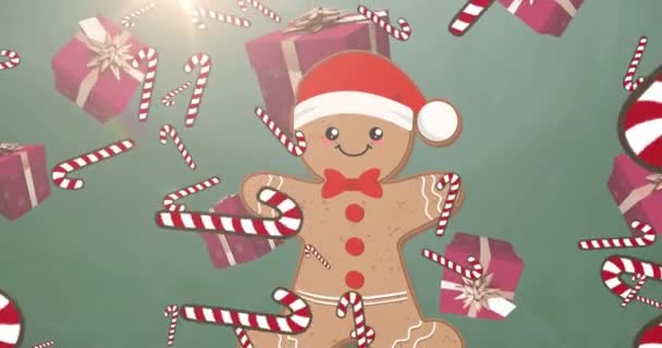 Animation Fallande Sockerrör Och Gåvor Över Julkaka Jul Vinter Tradition — Stockvideo