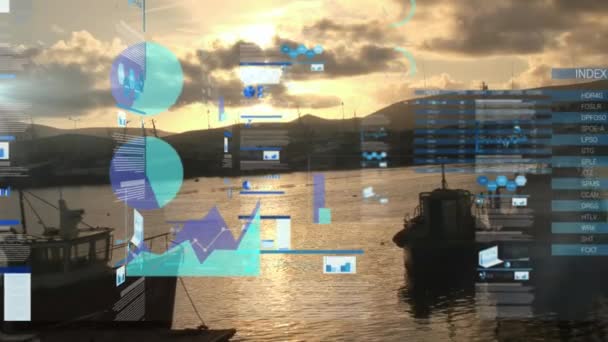 Animation Statistics Data Processing Boats Lake Global Business Finances Data — Stock Video