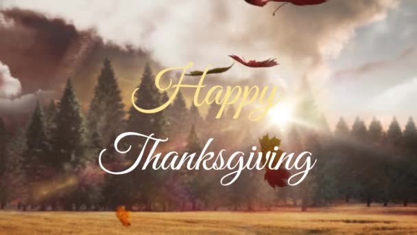 Happy Thanksgiving Text Multiple Maple Leaves Falling Forest Background Thanksgiving — Stock Video