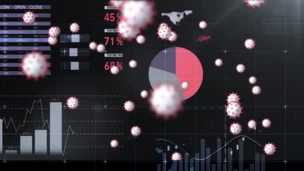 Vírussejtek Animációja Képernyőn Keresztül Tudományos Adatokkal Globális Covid Pandémia Tudomány — Stock videók