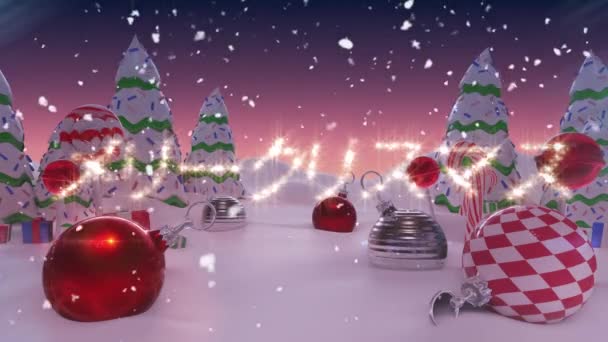 God Jul Kinesisk Text Och Snö Faller Över Jul Dekorationer — Stockvideo