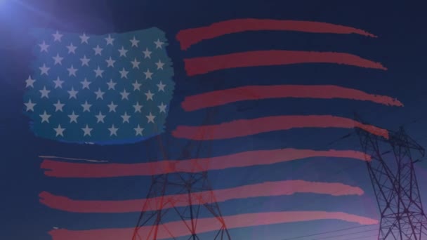 Анимация Текста Благодарения Над Американским Флагом Линией Электропередач Патриотизм Концепция — стоковое видео