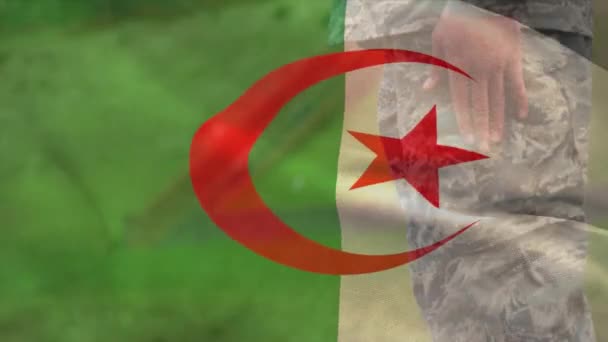 Animazione Bandiera Algeria Soldato Maschio Caucasico Esercito Protezione Civile Patriottismo — Video Stock
